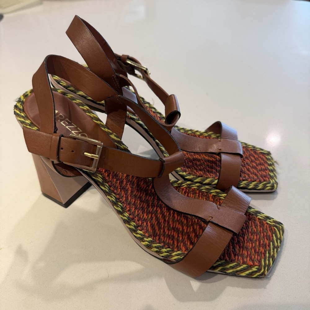 AREZZO Brown Leather Rope Woven Tribal Block Heel Sandal Brazil BRA 39 US 10 EUC